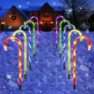 lot 9047 image: Candy Cane Outdoor Christmas Lights - 10 Pack 60 LEDs 21in Lighted Landscape Path Lights String with Memory Function 8 Flashing Modes End-to-End Plug in Waterproof Outside Xmas Decorations - Colorful