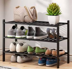 lot 9060 image: viewcare 3-Tier Black Bamboo Shoe Rack for Entryway, Stackable  Foldable  Natural, Shoe Shelf Storage Organizer for Hallway Closet, Free Standing Shoe Racks for Indoor Outdoor