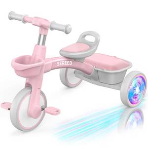 lot 9221 image: SEREED Colorful Lighting Toddler Tricycle for 2-5 Years Old Girls, Adjustable SeatandHandlebar Trike, Removable Basket, Birthday Gift Idea for Kids Ages 2 (Pink)