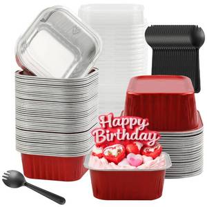 lot 9225 image: Individual Mini Cake Pans with Lids, BAKINGPAK 50PCS 5OZ Square Disposable Aluminum Foil Ramekins Mini Aluminum Pans Baking Cups for New Year Birthday Children Party, Red