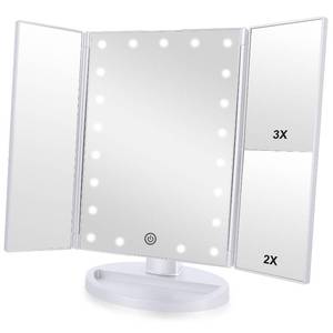 lot 9239 image: Flymiro Tri-fold Lighted Vanity Makeup Mirror with 3x2x Magnification,21 LEDs Light and Touch Screen,180 Degree Free Rotation Countertop Cosmetic Mirror,Travel (White)