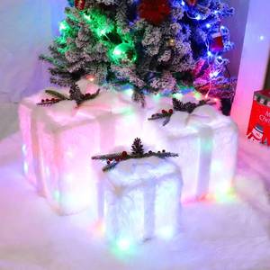 lot 9255 image: HIAGROW Christmas Lighted Gift Boxes Presents with 80 LED Beads and 8 LED Lighting Modes, White Plush Light Up Present Gift Boxes Under The Xmas Tree for Home Indoor Outdoor Decorations (Set of 3)