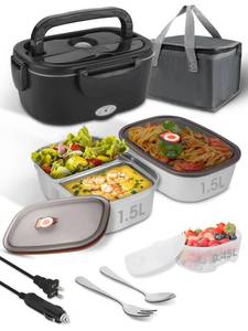 lot 9259 image: SOHIDA Electric-Lunch-Box-Heated-Food Warmer, 80W Heating Lunchbox for Adults, 2 Pack 1.5L Stainless Steel Containers, 1224110V Lonchera Elctrica Porttil for WorkCar
