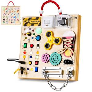 lot 9268 image: GNAYUIJ Montessori Wooden Busy Board Toys for 1 2 3 Boys Girls,Toddler Sensory Educational Fidget Board Travel Toy with LED Light Up Switches and Music Boxes, Locks for Kids Gifts