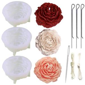 lot 10055 image: 9PCS Large Peony Mold 3.5inch(3 Pack) Flower Mold with Large-Eye Wicking Needle,Candle Wick Holders Resin Making Silicone Molds for Craft Cake Chocolate Making Home Decorate