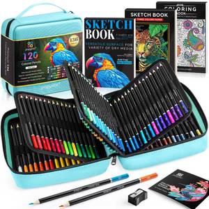lot 10078 image: 136 PCS Colored Pencils Set for Adult Coloring Books, 120 Colored Pencils with Sketchbook, Coloring Book, Sharpener, Soft Core Oil-Based Coloring Pencils for Artists Drawing Sketching Blending Shading