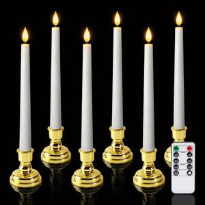 lot 10084 image: Meigic 6 Pcs Window Candles with Gold Holders, Flameless Taper Candles with Remote and Timer, White LED Christmas Candle for Home Window Holiday Xmas Decor