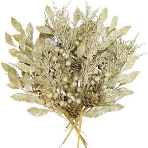 lot 10089 image: Winlyn 24 Pcs Christmas Glitter Artificial Leaf Picks Pine Needles Pinecone Berries Stems Champagne Glittered Christmas Tree Sprays for Holiday Floral Arrangements Centerpiece DIY Wreaths Garlands