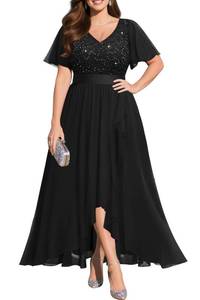 lot 10092 image: Plus Size Formal Dress Black Long Wedding Guest Elegant Evening Cocktail Party Prom Gala Sequin Lace Hi-Lo Gowns Women