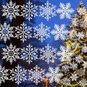 lot 10196 image: 16PCS Large White Snowflakes Christmas Ornaments 12ftft Sparkling Outdoor Christmas Tree Snowflakes Giant Plastic Glitter Hanging Ornaments Xmas Holiday Winter Indoor Window Decorations, White 4 Styles