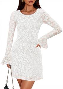 lot 10221 image: ZESICA Long Sleeve Mini Dresses for Women Spring Mesh Floral Crewneck Bodycon Wedding Guests Cocktail Party Short Dress White X-Large