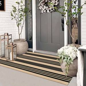 lot 10224 image: Sungea Striped Outdoor Front Door Mat 24x51in, Cotton Hand Woven Washable Black and Khaki Rug Runner, Reversible Foldable Indoor Layered Front Door Rugs for EntrywayFarmhouseHome Entrancein