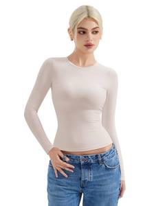 lot 10227 image: SUUKSESS Women Double Lined Fitted Basic Tee Shirts Crew Neck Long Sleeve Going Out Crop Tops (Padded Soft Sand, L)