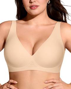 lot 10232 image: OEAK Womens Deep V Bras Wireless Comfortable Bra Supportive No Underwire Bras Tshirt Push Up Bralettes Plunge Seamless Bra Beige M