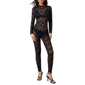 lot 10241 image: Gliswaieuznd Women Sexy Lace Jumpsuit Long Sleeve Mock Neck Mesh Sheer Bodycon Jacquard Playsuit One Piece Romper Jumpsuit (Black, M)