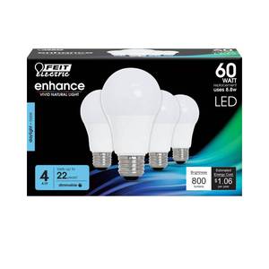 lot 10254 image: Feit Electric A19 LED Light Bulb, 60W Equivalent, Dimmable, 800 Lumens, E26 Medium Base, 5000K Daylight, CRI 90, 25,000 Hour Lifetime, UL Listed, Damp Rated, 4 Pack, OM60DM950CA4