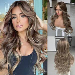 lot 10281 image: Jolelyne Long Wavy Layered Wig Highlight Honey Blonde Mixd Golden Brown Wigs with Curtain Bangs for Black White Women Synthetic Long Stright Ombre Light Brown Butterfly Haircut 24inch