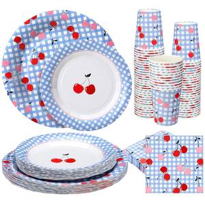 lot 13689 image: LemonRoad 100 Pieces Cherry Blue Gingham Paper Plates, Cups Napkins Set Cherry Party Supplies 25 Pcs 9 25 Pcs 7in Plates, 25 Cups, 25 Napkins for Parties, Picnics, Birthdays, Baby Showersin