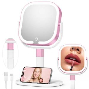 lot 13696 image: Rosivyphan Makeup Mirror with Lights, 1X10X Magnifying Vanity Mirror with 3 Colors, 2000mAh Rechargeable Double Sided Magnifying Mirror, Height Brightness Adjustable, 360° Rotation VanityRose