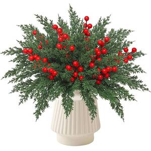 lot 13709 image: Weldomcor Christmas Artificial Pine Branches 60 Pcs Faux Norfolk Pine Stems with Red Berries, Xmas Fake Greenery Cedar Stems Plants Evergreen Picks DIY Christmas Decorations Holiday Home Table Decor