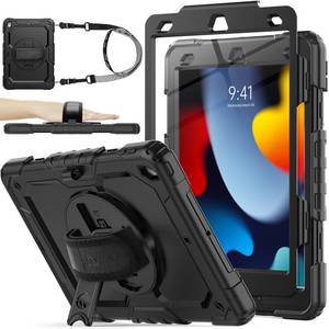 lot 14109 image: SEYMAC stock Case for iPad 9th 8th 7th Generation 10.2ftft, Shockproof with Screen Protector, Pencil Holder 360° Rotating Hand Strap and Stand, for iPad 10.2 inch 2021-2019 (Black)