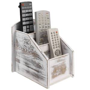 lot 14124 image: MyGift TV Remote Control Holder, Modern Farmhouse Decor, Whitewashed Wood Media Remote CaddyOrganizerStorage Box with 3 Compartments, for Living Room, Coffee Table