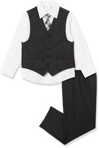lot 14143 image: Van Heusen boys 4-piece Formal Dress Up Vest Set, Vest, Pants, Collared Dress Shirt, and Tie Business Suit Pants Set, BlackRed Stripe, 5T US (white dress shirt only)