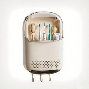 lot 15747 image: Premium Toothbrush Holders for Bathrooms, High-capacity Wall Mounted Bathroom Organizers and Storage, Electric Toothbrush Holder and Toothpaste Stand with Cover and Hooks, Vanity Makeup Brushes Holder