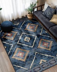 lot 15751 image: Area Rug 5x7 Rug Machine Washable Non-Slip Low Pile Print Pattern Western Rug for Living Room Bedroom Entryway Tribal Series -Darkblue