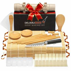 lot 15753 image: Delamu Sushi Making Kit, 20 in 1 Bazooka Roller Kit with Chef�s Knife, Bamboo Mats, Rice Mold, Temaki Sushi Mats, Rice Paddle, Spreader, Chopsticks, Sauce Dishes, Guide Book