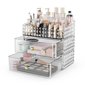 lot 15757 image: Rosoenvi Makeup Organizer for Vanity, Stackable Cosmetics Organizer and Storage, Cosmetic Display Cases with 2 Drawers and 1 Tray for Makeup Brush, Hair Accessories, Lipstick and Jewelry, Clear