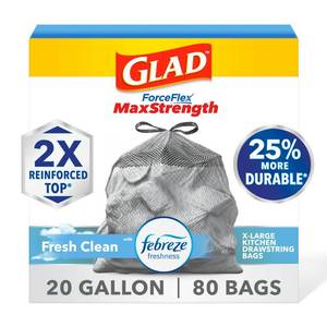 lot 15758 image: Glad ForceFlex MaxStrength Kitchen Trash Bags, 20 Gal, Fresh Clean Febreze, 80 Ct (Package May Vary)