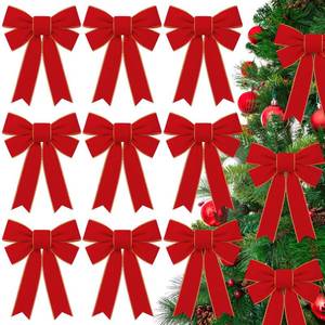 lot 15767 image: 12 Pack Red Bows for Christmas Tree 9 x13 Inch Large Red Velvet Bows with Glitter Gold Edge for Christmas Wreath Fence Decor, Indoor Outdoor Holiday Decorations