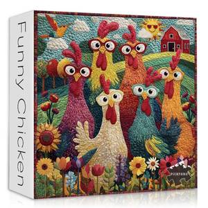 lot 15773 image: Chicken Puzzles for Adults 1000 Piece, PICKFORU Funny Chicken Jigsaw Puzzle, Garden Farm Flower Animal Rooster Themed, Patchwork Art Challenge Puzzle