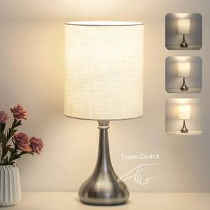 lot 15806 image: Boncoo Touch Control Table Lamp, 3 Way Dimmable Simple Night Light Lamp with White Lampshade Silver Metal Base, Small Bedside Table Lamp for Bedroom, Office, Dorm, A19 9W 3000K Bulb Included