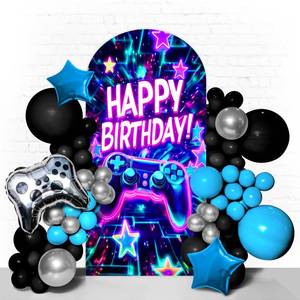 lot 15809 image: Game On Backdrop Video Game Arch Cover for Boys 7.2FT Game Birthday Party Decoration Double-Sided Spandex Game Night Photography Background for Game On Birthday Party Decor