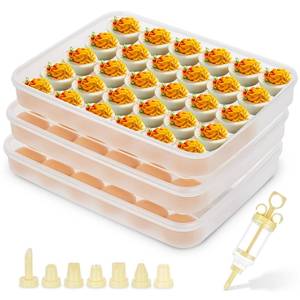 lot 15810 image: FACULX 3 Pack Deviled Egg Containers with Lid and 8 Pcs Deviled Egg Injector Piping Tool, Egg Organizer for Refrigerator, Fridge Stackable Countertop Portable Egg Platter (transparent-3 packs)
