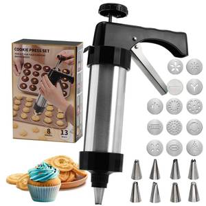 lot 16150 image: Stainless Steel Cookies Press, Cookies Press for Baking,Cookie Press Gun Kit with 13 Cookie Discs and 8 Piping Tips for DIY cake Maker Decorating Baking Supplies