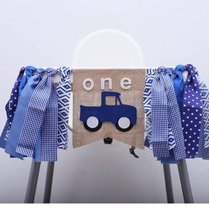 lot 16173 image: High Chair Pull Flag Blue Truck Logo 1 Year Old Boy Baby Birthday Banner Party Theme Decoration Props Background for Shooting Children Commemorative Gift