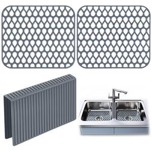 lot 16177 image: Dunkive 3 Pack Sink Mat and Sink Saddle Set, Sink Protectors for Kitchen Sink, Non Slip Silicone Sink Mat Dishwasher Safe, Protect Double Sink from Stains, Damage, Scratches (Cuttable)