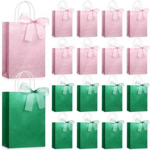 lot 16179 image: Geyoga 24 Pcs 8.3 x 5.9ftft Glitter Pink and Green Gift Bags Witch and Princes Party Favors Paper Wrap Gift Bags with Handle Organza Sheer Ribbons for Pink and Green Witch Theme Party Supplies