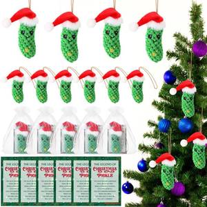 lot 16180 image: 12 Sets Christmas Crochet Pickle Gifts German Pickle in Santa Hat Tree Ornament Party Favor with The Legend of Christmas Card Organza Bags Cucumber Knitted Doll Stuff for Employee Coworker Team