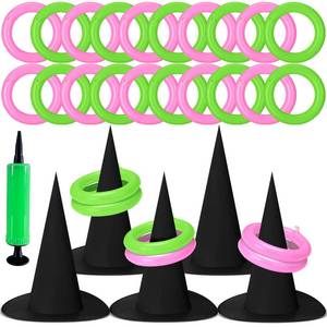 lot 16207 image: Leitee 25 Pcs Witch Hat Ring Toss Games Set Halloween Party Favors Pink and Green Party Decorations 5 Black Oxford Fabric Wizard Hats with 20 Inflatable Rings for Girls Women Birthday Movie missing some balloons and a couple hats
