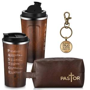 lot 16231 image: Roshtia 3 Pcs Christian Gifts for Men 20 oz Stainless Steel Tumbler with Lid and Straw Leather Toiletry Bag Inspirational Keychain Religious Gifts for Dad Husband Coworker