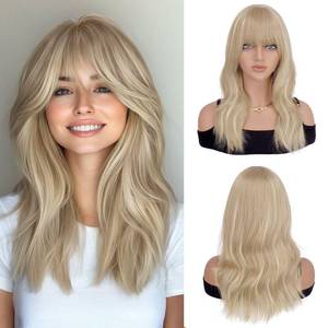 lot 16264 image: Haloo Blonde Wigs with Bangs - 19 Inch Natural Wavy Synthetic Heat Resistant Medium Length Hair Wigs for Women Daily Party, Dirty Blonde