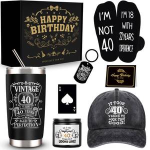 lot 3261 image: JTAMOHI 40th Birthday Gifts for Men - Unique Box with 20 Oz Tumbler, Scented Candle, Socks, Baseball Cap for Husband, Dad, Friends, Coworker, Teachers, Boss