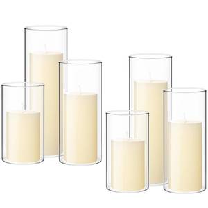 lot 3262 image: Shihanee Set of 6 Pillar Candles with Glass Cylinder Vases Clear Cylinder Hurricane Candleholders for Slim Tall Pillar Candles Wedding Table Centerpieces(2.6ftft X 4.7ftft, 5.9ftft, 7.9ftft,Ivory)