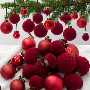 lot 3263 image: HyDren 46 Pcs Burgundy Velvet Christmas Ornaments 3.15, 2.36in, 1.57in Dark Red Flocked Xmas Tree Ball Ornaments Gitter Shatterproof Christmas Decorations Set with 9 Styles in 3 Sizesin