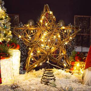 lot 3271 image: Rattan Natural Star Christmas Tree Topper - Rustic Farmhouse Xmas Treetop with 50 Warm LED Lights for Indoor Christmas Tree Decorations Holiday Seasonal Decor