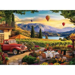 lot 4269 image: 500 Piece Jigsaw Puzzle for Adults � Scenic Vineyard with Hot Air Balloons and Red Truck � Relaxing and Beautiful Puzzle for Adults and Teens Recycled Cardboard, 20.5 x 15inin